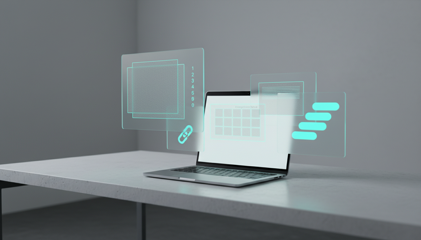 A modern workspace shot: a laptop on a white desk with semi-transparent holographic UI overlays rising from the screen repres