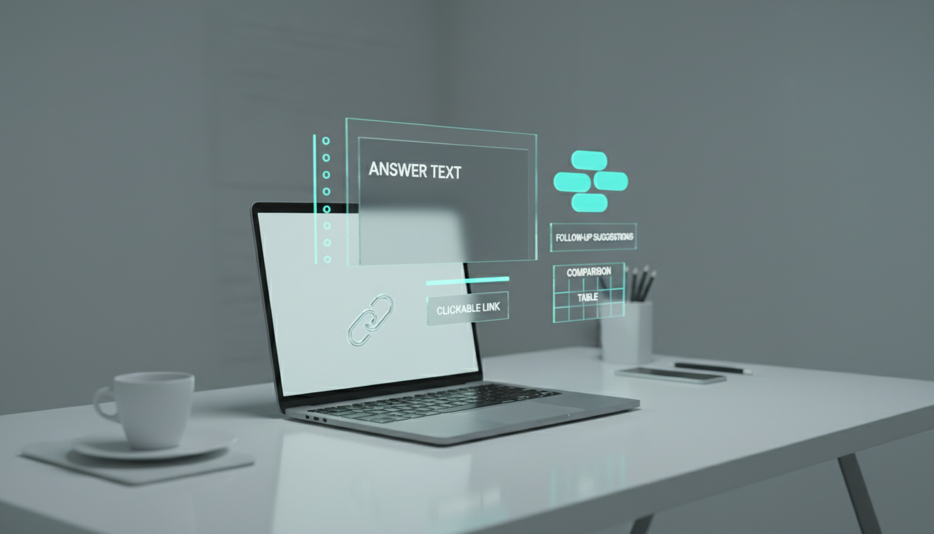 A modern workspace shot: a laptop on a white desk with semi-transparent holographic UI overlays rising from the screen repres