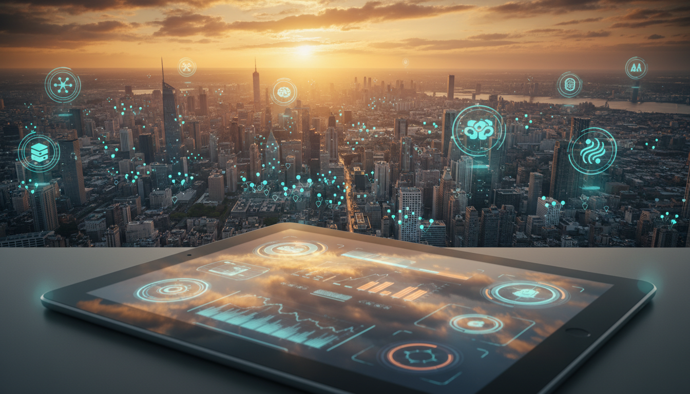 Aerial cityscape photo taken at golden hour with a polished tablet in the foreground showing a dashboard reflected on the gla