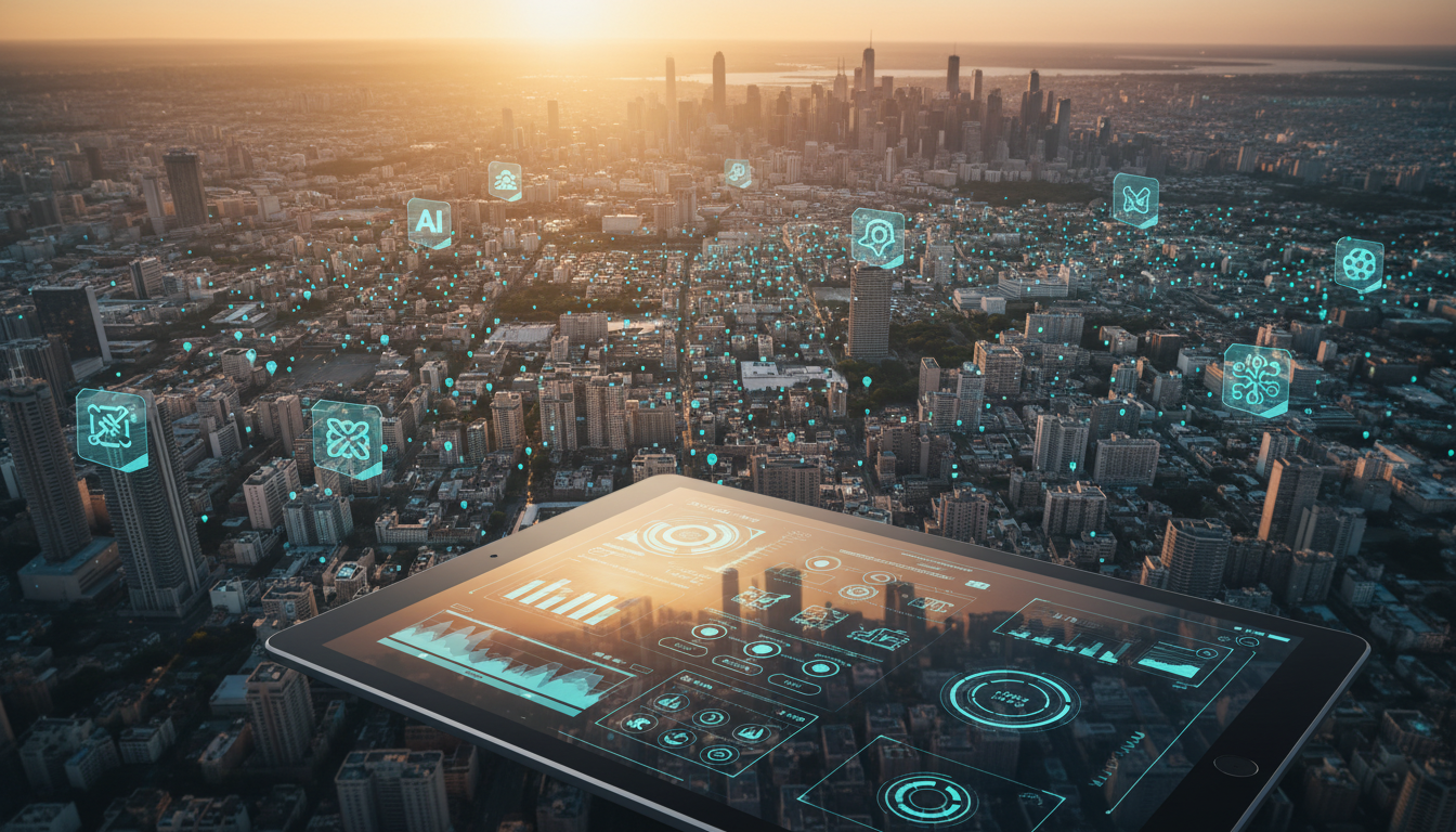 Aerial cityscape photo taken at golden hour with a polished tablet in the foreground showing a dashboard reflected on the gla