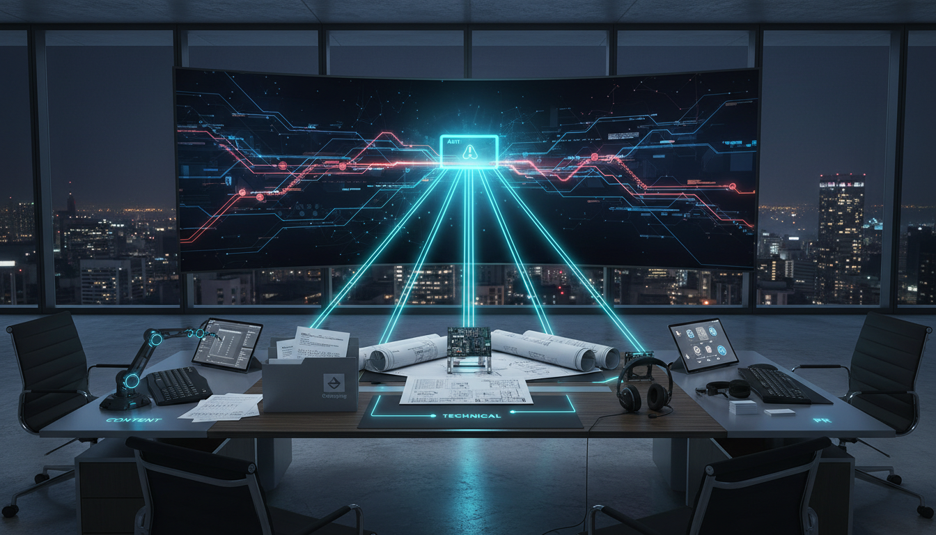 High-end office scene showing a large wall screen with a visual workflow (photographic but abstract, no text) where a glowing