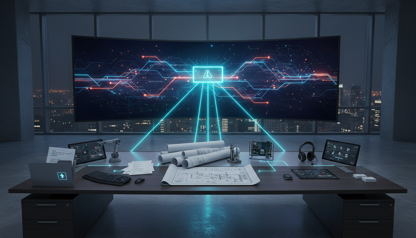 High-end office scene showing a large wall screen with a visual workflow (photographic but abstract, no text) where a glowing