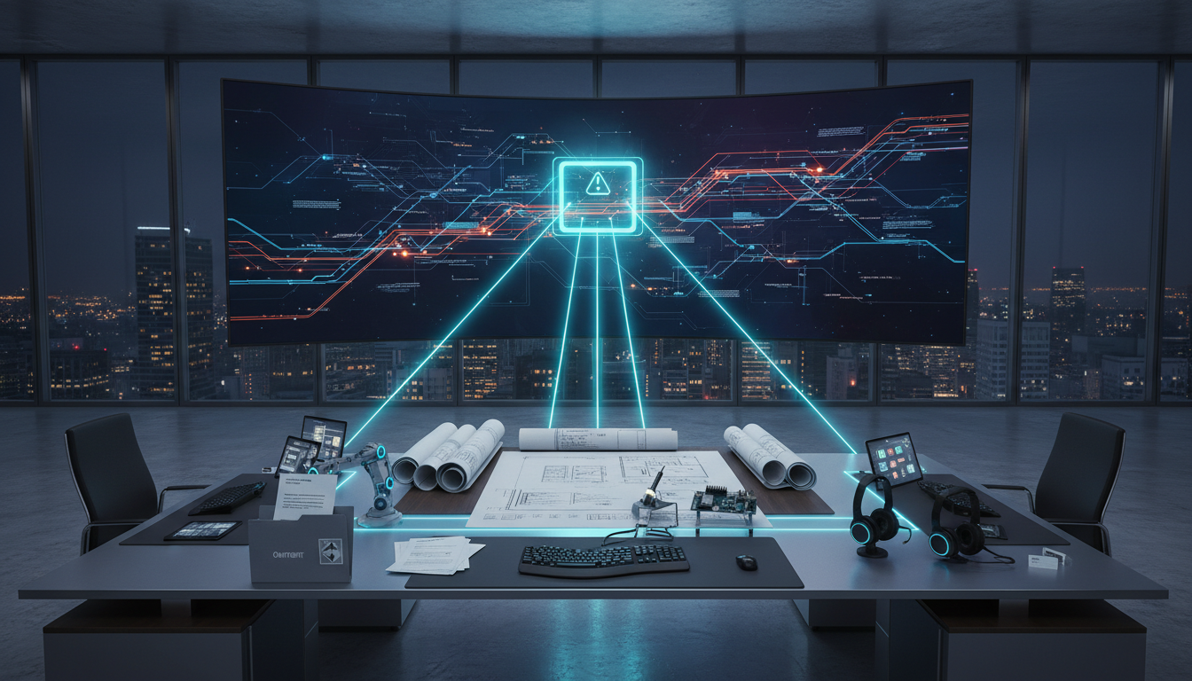 High-end office scene showing a large wall screen with a visual workflow (photographic but abstract, no text) where a glowing