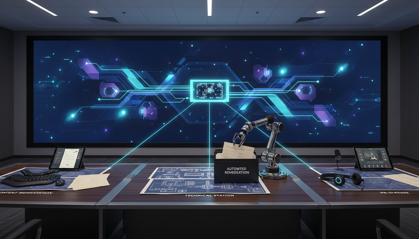 High-end office scene showing a large wall screen with a visual workflow (photographic but abstract, no text) where a glowing
