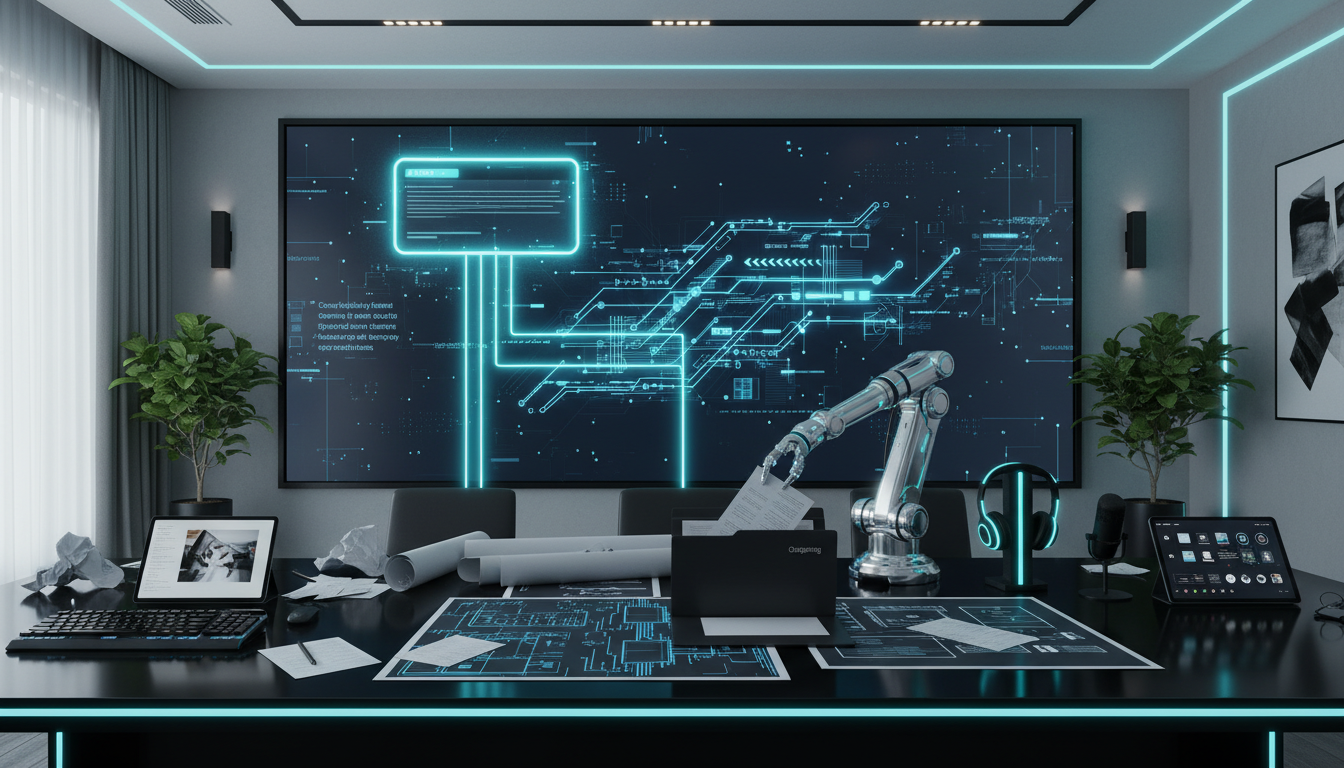 High-end office scene showing a large wall screen with a visual workflow (photographic but abstract, no text) where a glowing