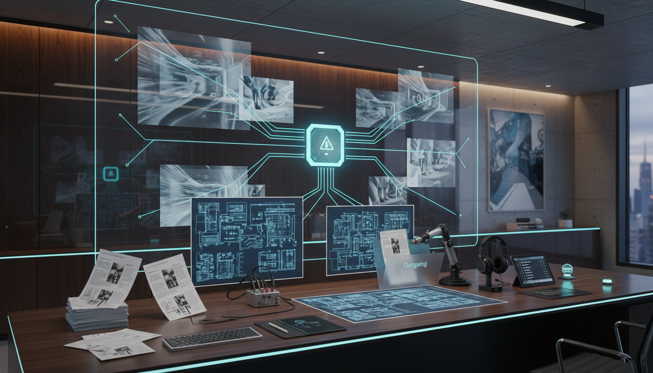 High-end office scene showing a large wall screen with a visual workflow (photographic but abstract, no text) where a glowing